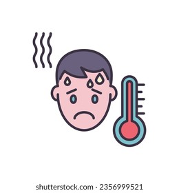 High body temperature related vector icon. Man head and high temperature thermometer. High temperature sign. Isolated on white background. Editable vector illustration