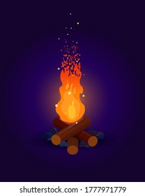 High bonfire with flying sparks on a dark blue background. Bright campfire at night. Vector flat illustration