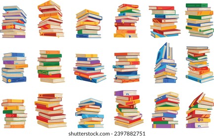 High book stacks or pile icon set. Library textbooks and school literature heaps, dictionaries. Bookstore advertise. Cartoon stacked books angle view with different colorful covers isolated on white