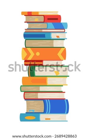 High book stacks or pile. Library textbooks and school literature heaps, dictionaries. Bookstore advertise. Cartoon stacked books angle view with different colorful covers isolated on white