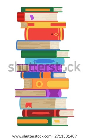 High book stacks or pile. Library textbooks and school literature heaps, dictionaries. Bookstore advertise. Cartoon stacked books angle view with different colorful covers isolated on white