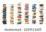 High book stacks in piles, school textbooks and library literature heaps, vector tower rows. Education or reading books, study textbooks dictionary stack piles in bookstore or bookshop with bookmarks