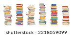 High book stacks and piles of vector books, school textbooks and bestsellers, dictionaries and encyclopedias, library or bookstore literature. Isolated stacks of cartoon books, knowledge, education
