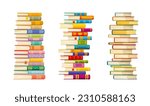 High books stacks and piles. Vector school library books, student textbooks, dictionaries and encyclopedias piles. Bookstore bestsellers, color hardcover novels and poetry literature heaps, education