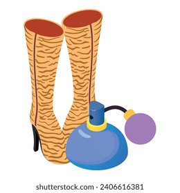 High boot icon isometric vector. Pair of new brown boot and perfume bottle icon. Demi shoes, footwear