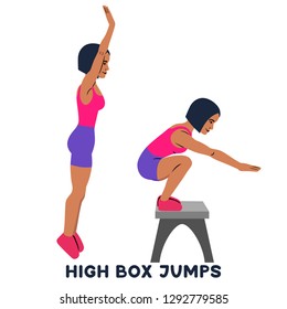 High box jumps. Sport exercise. Silhouettes of woman doing exercise. Workout, training Vector illustration