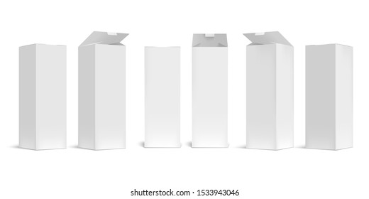 High box mockup. White open cardboard packaging long boxes, rectangular pack with realistic shadow vector set. Blank carton container, paper packages for transportation isolated on white background