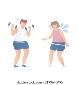 High burn calories exercise weight Loss,Body cardio workout programs,Men and women sweat because they lift dumbbells and do hula hoops,Vector illustration.