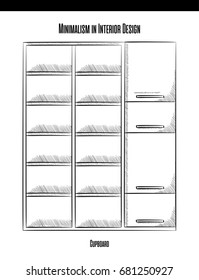 High cabinet with shelves and doors in a contour on a white background. Minimalism in Interior Design eps 10 illustration