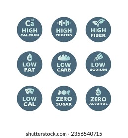 Etiquetas altas de calcio, fibra y proteínas. Bajo contenido de calorías, cero azúcar y bajo contenido de sodio vectorial.