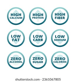 Etiquetas altas de calcio, fibra y proteínas. Etiqueta vectorial baja en grasas, azúcar cero y bajo contenido de sodio.