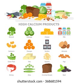 High Calcium Food Infographic Elements Flat Vector Illustration, Banner. Products Calcium Icon Set, Vegetables, Soy, Seafood. Healthy Diet. Broccoli, Cabbage, Cheese, Soybeans, Milk, Oranges, Sardine