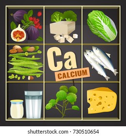 High calcium Foods. Healthy fruits, berries, nuts, fish, dairy products and vegetables. Vector illustration in bright colours on a dark grey background.