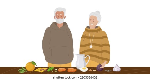 High calcium foods on table. Healthy lifestyle in old age. Influence on the bone and neuromuscular system. Senior woman and man, foods rich with Ca greens, dairy products, nuts, fruits and fish