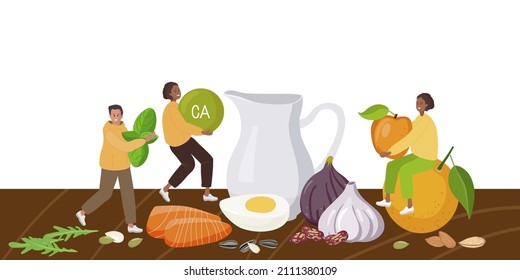 High calcium foods. Tiny people and foods on wooden table. Healthy lifestyle. Influence on bone and neuromuscular system. Set of foods rich with Ca greens, dairy products, nuts, fruits and fish
