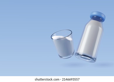 High Calcium And Low Sugar Milk Bottle And Glass On Blue, Healthy Drink Concept, Eps 10 Vector.