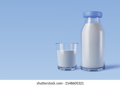 High Calcium And Low Sugar Milk Bottle And Glass On Blue, Healthy Drink Concept, Eps 10 Vector.