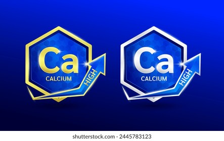 High calcium minerals in hexagon shape aluminum gold and silver with shine arrow. Used for design nutrition supplement products. Vitamins label symbol logo 3D on blue background. Vector EPS10.