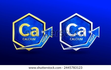 High calcium minerals in hexagon shape aluminum gold and silver with shine arrow. Used for design nutrition supplement products. Vitamins label symbol logo 3D on blue background. Vector EPS10.