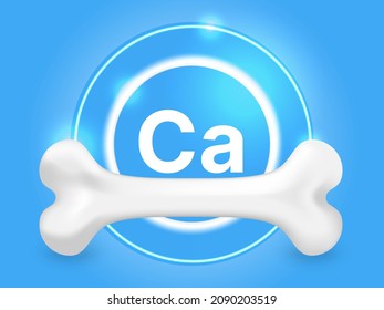 High Calcium placard, poster, banner. 3d realistic white bone on blue background. Vector illustration