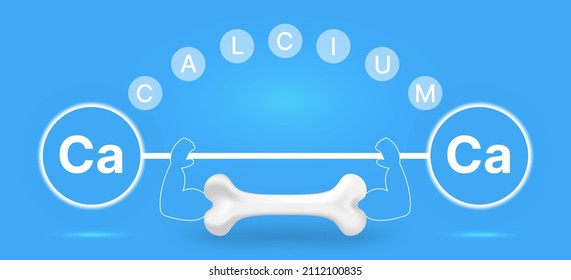 High Calcium placard, poster, banner. 3d realistic white bone with strong arms on blue background. Vector illustration