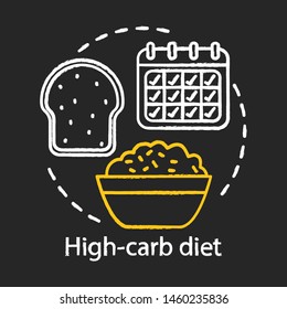 High carb diet chalk concept icon. Vegan lifestyle idea. Rice bowl, fresh bread and calendar with check marks vector isolated chalkboard illustration. Vegetarian nutrition, natural healthy food