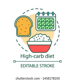 High carb diet concept icon. Vegetarian nutrition idea thin line illustration. Healthy food, vegan lifestyle. Rice bowl, fresh bread and calendar vector isolated outline drawing. Editable stroke