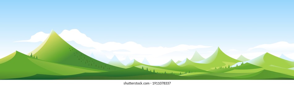 High cartoon green mountains in sunny day with sharp peaks on blue sky in simple geometric form, nature tourism landscape background in view from afar, travel adventure panorama of the mountain range