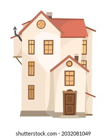 High cartoon house with a chimney. Cozy simple rural dwelling in a traditional European style. Three-story. Sweet home. Isolated on white background. Vector.