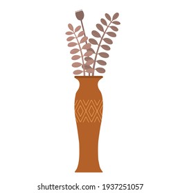 High ceramic floor vase with dried flowers. Design element. Isolated on a white background.