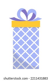 High checkered gift. Birthday purple present with bow. Flat, cartoon. Isolated vector illustration eps 10