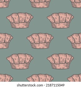 High chef hat engraved seamless pattern. Kitchen traditional element in hand drawn style. Sketch texture for fabric, wallpaper, textile, print, title, wrapping paper. Vector illustration.