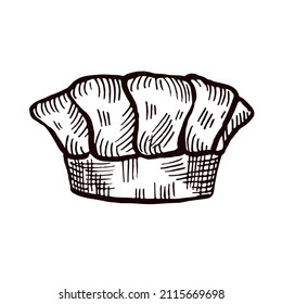 High chef hat sketch isolated. Kitchen traditional element for cook in hand drawn style. Engraved design for poster, print, book illustration, logo, icon, tattoo. Vintage vector illustration.