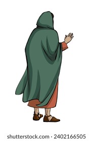 High chief rabbi head teacher guy Peter stand preach holy god white human lord faith story art. Middle east asian robe cloth female bedouin girl Mary hand drawn rear behind view take arm look lead cry