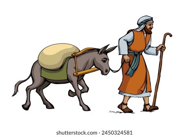 High chief rabbi head teacher guy Peter stand preach holy god white human lord faith story art. Middle east asian robe cloth female bedouin girl Mary hand drawn rear behind view take arm look lead cry