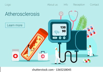 	
High Cholesterol Blood Pressure and Atherosclerosis Tiny People Character Concept Vector Illustration. It is landing page, website, app, banner.
