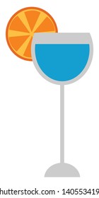 High cocktail in elegant party glassware garnished with orange slice isolated on a white background is all set ready to be enjoyed, vector, color drawing or illustration. 