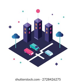 Ilustración plana de alto color que presenta el transporte urbano futurista impulsado por sistemas autónomos