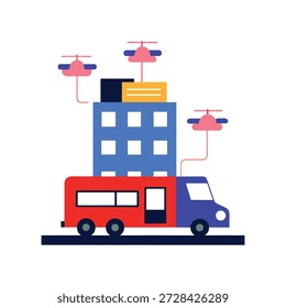 Ilustración plana de alto color que presenta sistemas de vainas autónomos que apoyan la movilidad urbana futurista