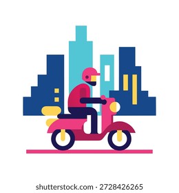 Ilustración plana de alto color que muestra la ciudad inteligente inspirada en el cyberpunk con vehículos autónomos