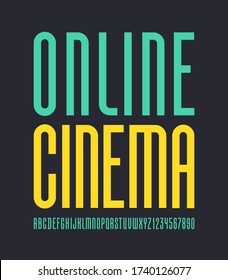 High colored font, trendy condensed alphabet sans serif, modern letters and numbers, for your designs: logo, movie banner, cinema poster and more, vector illustration 10EPS