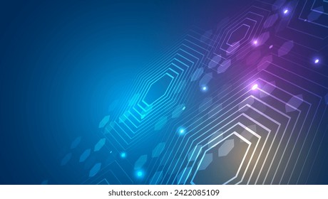 High computer technology design. Modern science vector presentation. Abstract hexagons, futuristic concept. Data transfer and protection, internet communication on a blue background.