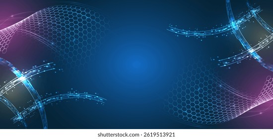 High computer technology design. Modern science vector presentation. Abstract hexagons and waves futuristic concept. Data transfer and protection, internet communication on a blue background.