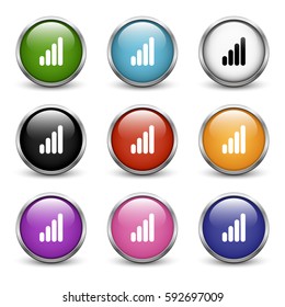 High Connection icons, set of nine colored buttons with metal frame and shadow