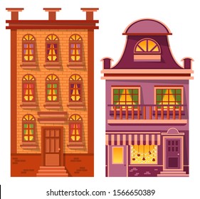 High construction with many floors and lights form windows. Evening view of fantasy Christmas architecture with stairs and entrance. Landmark city or village buildings, brick walls of house vector