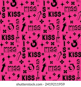 High contrast 90s style vintage pattern with words. Outline doodle hand drawn words Kiss and arrows in 3d style. Perfect for modern textile, banner, wrapping paper, decoration