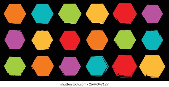 High contrast abstract hexagon shape pack with a combination of fill and stroke styles in multicolor tones, perfect for infographics and tech visuals.