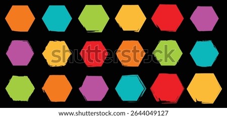 High contrast abstract hexagon shape pack with a combination of fill and stroke styles in multicolor tones, perfect for infographics and tech visuals.