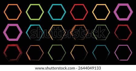High contrast abstract hexagon shape pack with a combination of fill and stroke styles in multicolor tones, perfect for infographics and tech visuals.