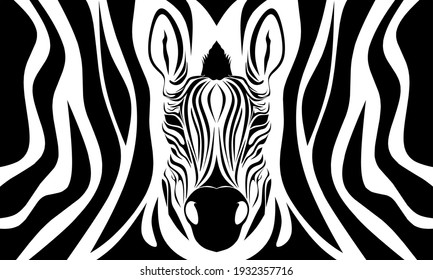 High contrast abstract illustration of a zebra’s face and stripes in black and white, forming a bold symmetrical design that plays with pattern and negative space.